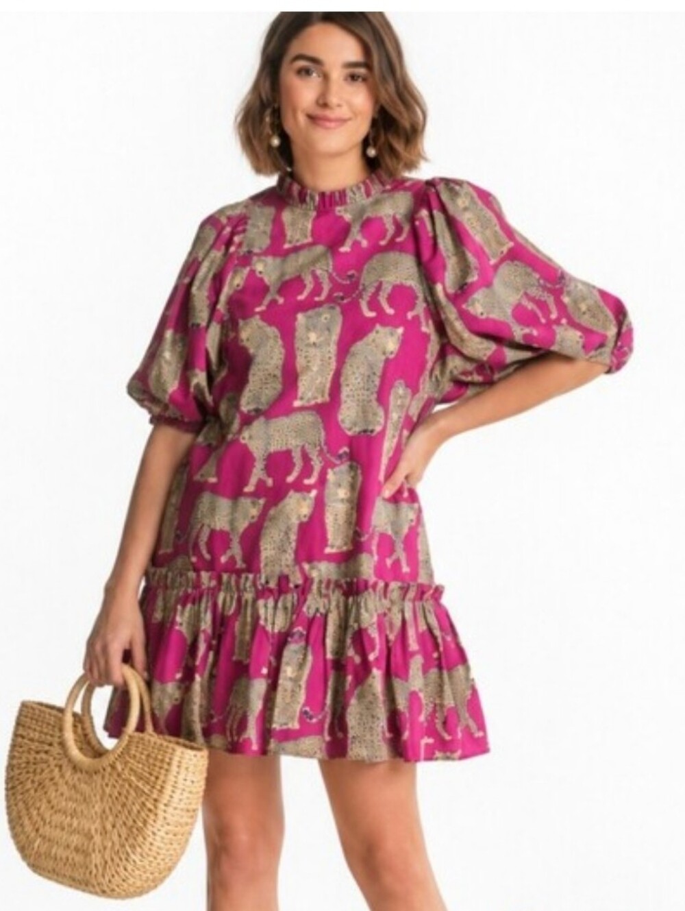 Tyler Boe Fuchsia and Cheetah Print Dress Puff Sleeves Sammy